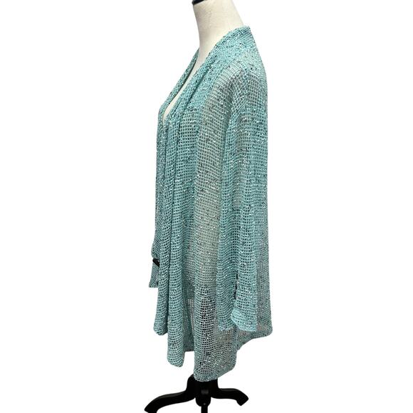 Coastal Grandma Aqua Open Knit Cardigan Button Trim Artsy Textures 1X - Picture 2 of 6